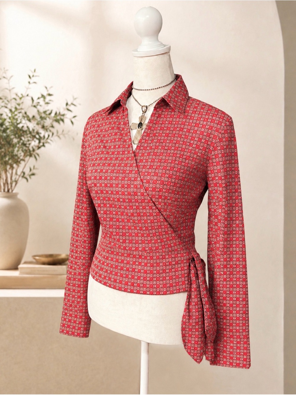 Dockers Red Printed Wrap Button-Down Blouse